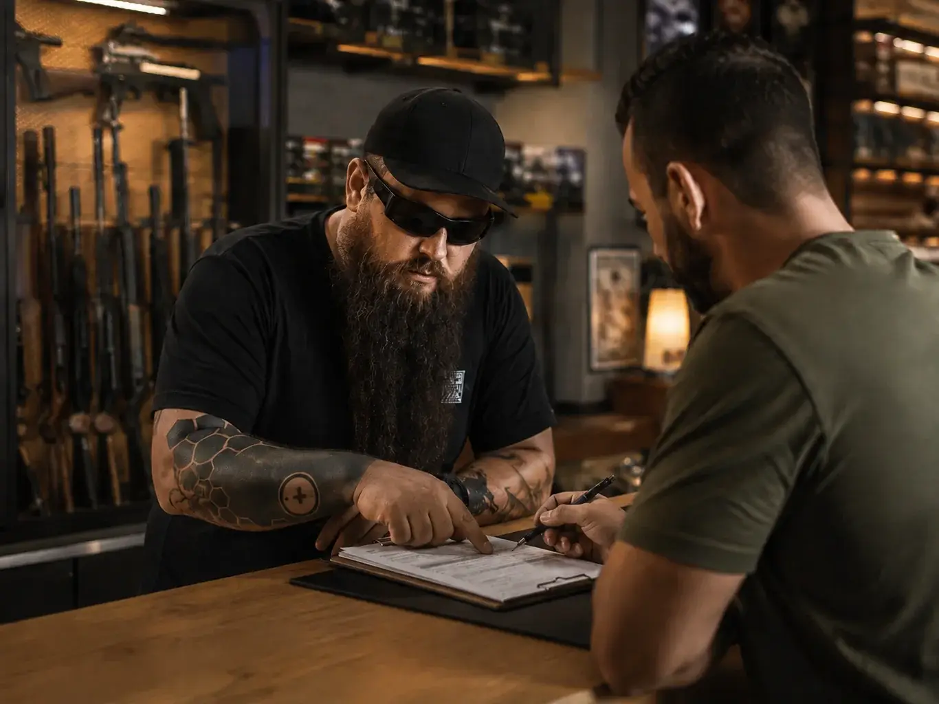 Duas pessoas revisando um formulário em uma mesa de atendimento