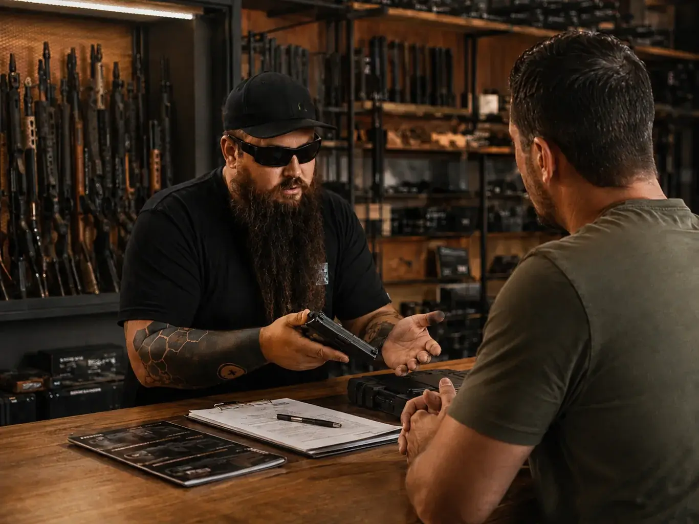 Duas pessoas conversando junto a documentos e equipamentos em uma mesa