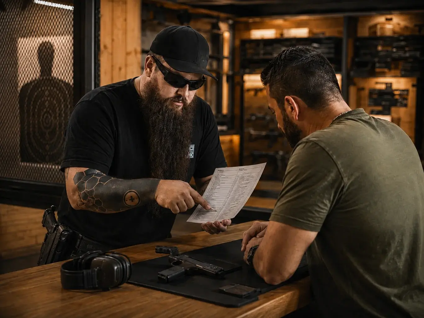Duas pessoas analisando um documento em uma mesa