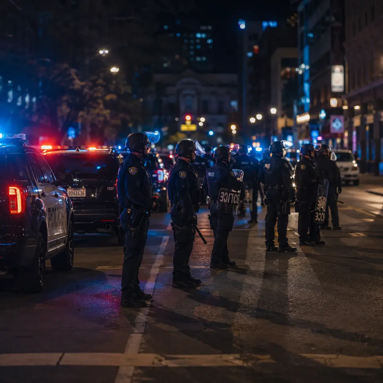 Policiais e viaturas em ambiente urbano noturno