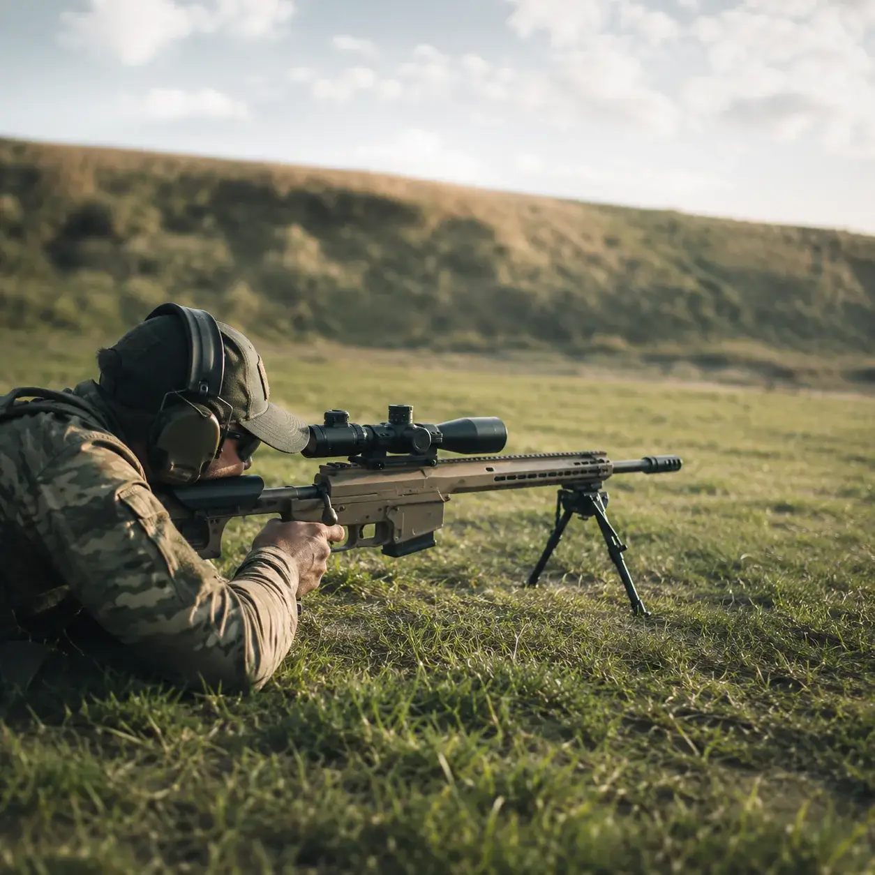 Prática externa com rifle de precisão em cenário aberto