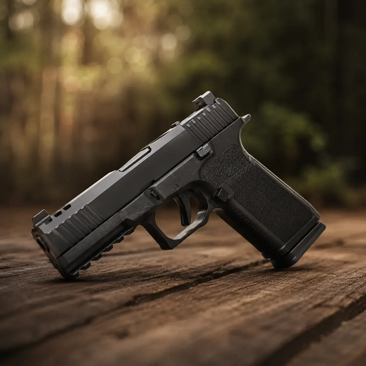 Pistola em close sobre uma superfície de madeira